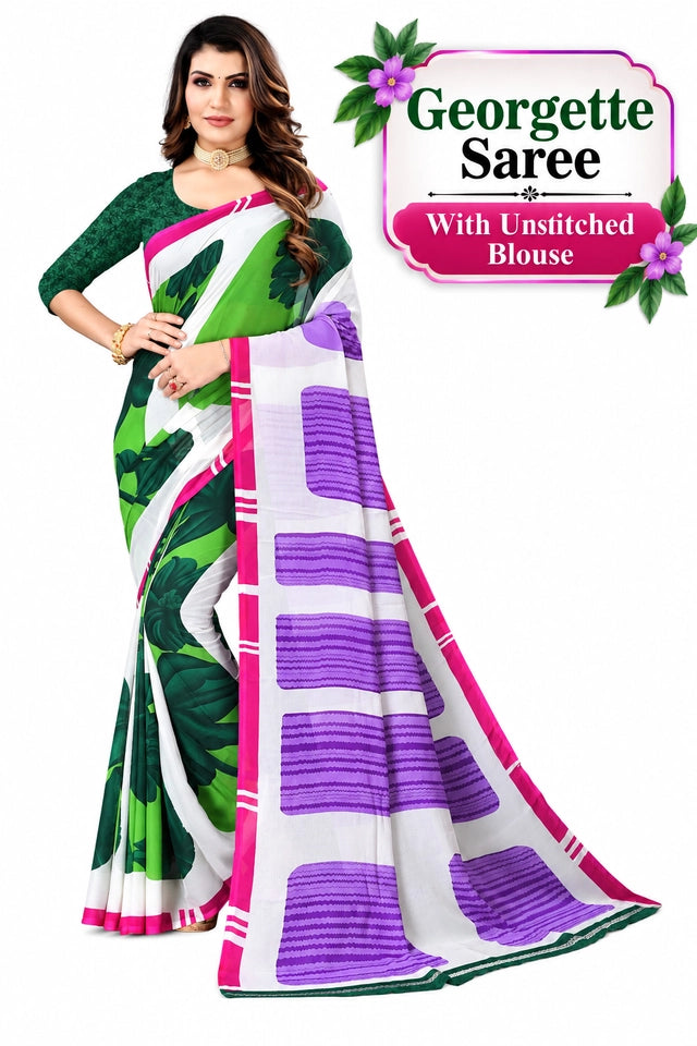 Women's Georgette Printed Saree With Blouse piece(ECHO BLUE_Free Size)